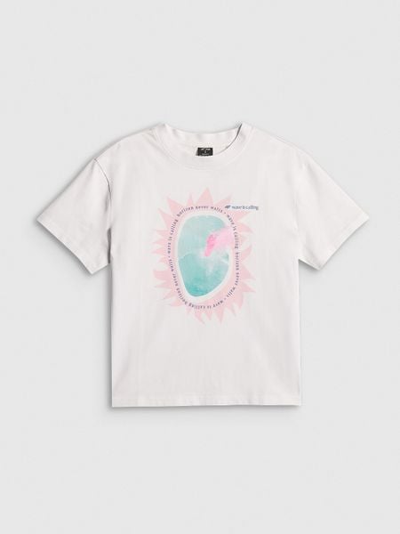 4F T-shirt loose z nadrukiem damski - biały XS. Białe t-shirty 4f, xs, bez wzorów, z bawełny, bez kołnierzyka, bez ramiączek. W wyprzedaży za 39.99 zł.