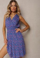 Granatowa Kopertowa Sukienka z Wiskozy w Kwiaty Wykończona Gumką w Talii Innavia. Niebieskie sukienki Renee, na co dzień, na lato, m, bez wzorów, z wiskozy, bez kołnierzyka, bez ramiączek, midi, kopertowe. Za 39.99 zł.