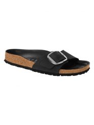 Birkenstock Skórzane klapki "Madrid" w kolorze czarnym rozmiar: 38. Czarne klapki Birkenstock, bez wzorów, ze skóry, z otwartym noskiem, bez obcasa. Za 443.38 zł.