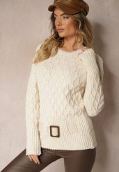 Beżowy Sweter w Delikatny Splot z Ozdobną Klamrą i Paskiem na Dole Rievea. Brązowe swetry Renee, m, z aplikacjami, z jeansu, bez ramiączek. Za 99.99 zł.