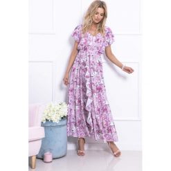 Długa Sukienka w Kwiaty z Falbankami. Fioletowe sukienki Molly.pl, na lato, l, bez wzorów, eleganckie, bez kołnierzyka, bez ramiączek, maxi, rozkloszowane. Za 205.90 zł.