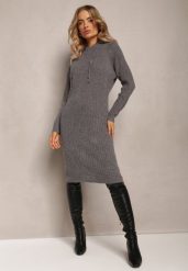 Ciemnoszara Wełniana Sukienka w Prążki z Kapturem Opiuda. Szare sukienki Renee, na co dzień, bez wzorów, z wełny, eleganckie, bez kołnierzyka, bez ramiączek, midi, sportowe. Za 99.99 zł.