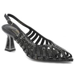 Sandały damskie S.Barski, cholewka ze skóry naturalnej z odkrytą piętą na efektownym obcasie z ażurową konstrukcją i geometrycznymi zdobieniami, czar. Czarne sandały S.BARSKI, z aplikacjami, ze skóry, bez obcasa, na obcasie, bez zapięcia. Za 299.00 zł.