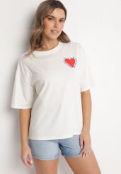 Jasnobeżowy Bawełniany T-shirt z Motywem Serca Liorlie. Brązowe t-shirty Born2be, bez wzorów, z bawełny, bez kołnierzyka, bez ramiączek. Za 74.99 zł.