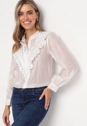 Biała Koszula z Koronką Walaa. Białe koszule Born2be, m, bez wzorów, z koronki, bez kołnierzyka, bez ramiączek. Za 129.99 zł.