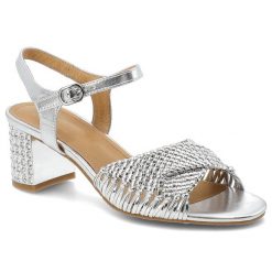 Sandały damskie S.Barski, cholewka ze skóry naturalnej na stabilnym obcasie z plecioną cholewką i biżuteryjnym zdobieniem, srebrne, CR61-3092. Szare sandały S.BARSKI, z aplikacjami, ze skóry, bez obcasa, na obcasie, bez zapięcia. Za 329.00 zł.