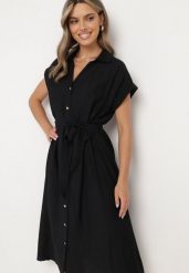 Czarna Koszulowa Sukienka na Guziki z Materiałowym Paskiem w Talii Qisofia. Czarne sukienki Born2be, na co dzień, l, bez wzorów, z materiału, eleganckie, bez kołnierzyka, bez ramiączek, midi, koszulowe. Za 109.99 zł.