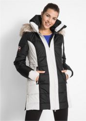 Krótki płaszcz outdoorowy ze sztucznym futerkiem, hydrofobowy. Czarne płaszcze bonprix, na zimę, s, bez wzorów, z futra, bez kaptura. Za 349.99 zł.