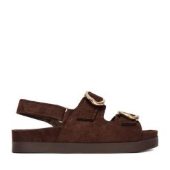 Sandały DeeZee. Brązowe sandały DeeZee, bez wzorów, bez obcasa, na płaskiej podeszwie, bez zapięcia. Za 149.99 zł.