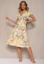 Żółta Kopertowa Sukienka w Kwiaty Atesalia. Żółte sukienki Renee, na co dzień, na wiosnę, m, bez wzorów, eleganckie, bez kołnierzyka, bez ramiączek, midi, kopertowe. Za 84.99 zł.