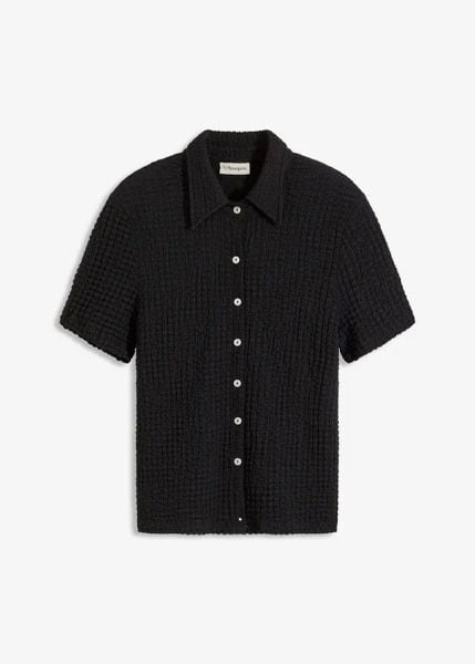 Bluzka koszulowa w strukturalny wzór. Brązowe bluzki bonprix, bez wzorów, eleganckie, bez kołnierzyka, bez ramiączek. Za 64.99 zł.