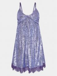 Please Sukienka koktajlowa A1OESE0000 Fioletowy Relaxed Fit. Fioletowe sukienki Please, l, bez wzorów, z syntetyku, wizytowe, bez kołnierzyka, bez ramiączek. Za 279.99 zł.