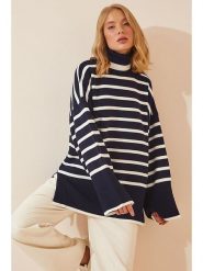 Happiness Istanbul Sweter w kolorze granatowo-białym rozmiar: onesize. Białe golfy Happiness Istanbul, bez wzorów, ze splotem, bez ramiączek. Za 81.65 zł.