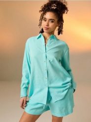 Koszula z domieszką lnu - zielony. Zielone koszule Sinsay, l, bez wzorów, bez kołnierzyka, bez ramiączek. Za 39.99 zł.