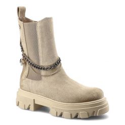 Botki damskie Carinii, naturalna skóra zamszowa z wysoką cholewką z gumowymi ściągaczami i ozdobnymi łańcuchami całość na płaskiej podeszwie, beżowe,. Brązowe botki Carinii, bez wzorów, z gumy, przed kolano, bez obcasa, na płaskiej podeszwie, bez zapięcia. Za 355.00 zł.