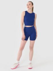 4F Legginsy krótkie dzianinowe damskie - granatowe L. Niebieskie legginsy 4f, l, bez wzorów, z bawełny, z podwyższonym stanem, krótkie. W wyprzedaży za 39.99 zł.