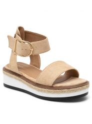 DeeZee Sandały WS091-01 Beżowy. Brązowe sandały DeeZee, bez wzorów, z materiału, bez obcasa, na koturnie, bez zapięcia. Za 99.99 zł.