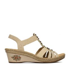 Sandały Rieker. Brązowe sandały Rieker, bez wzorów, bez obcasa, na koturnie, bez zapięcia. Za 319.99 zł.