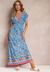 Granatowa Rozkloszowana Sukienka Maxi z Printem Paisley z Gumką w Pasie Zoenia. Niebieskie sukienki Renee, na lato, l, bez wzorów, bez kołnierzyka, bez ramiączek, maxi, rozkloszowane. Za 44.99 zł.