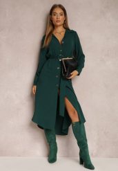 Ciemnozielona Sukienka Koszulowa z Paskiem Vartivar. Zielone sukienki Renee, na imprezę, l, bez wzorów, z materiału, eleganckie, bez kołnierzyka, bez ramiączek, midi, koszulowe. Za 99.99 zł.