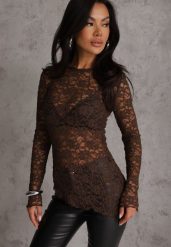 Brązowa Bluzka z Koronki o Asymetrycznym Kroju Kortesta. Brązowe bluzki Renee, s, bez wzorów, z jeansu, z asymetrycznym kołnierzem, bez ramiączek. Za 89.99 zł.