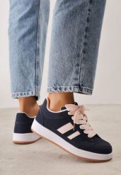 Granatowe Sneakersy Basic z Paskami na Boku Adila. Niebieskie obuwie sportowe Renee, z jeansu, bez zapięcia. Za 99.99 zł.
