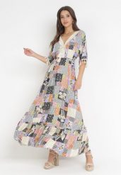 Szaro-Czarna Rozkloszowana Sukienka Maxi w Patchworkowy Wzór Daliah. Szare sukienki Born2be, l, z aplikacjami, bez kołnierzyka, bez ramiączek, maxi, rozkloszowane. Za 109.99 zł.