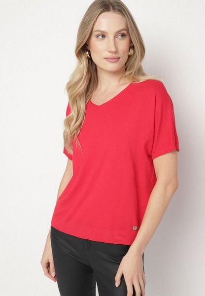 Czerwona Dzianinowa Bluzka z Dekoltem w Kształcie Litery V Fenima. Czerwone bluzki Born2be, l, bez wzorów, z dzianiny, biznesowe, bez kołnierzyka, bez ramiączek. Za 49.99 zł.