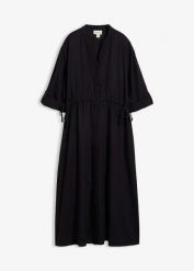 Sukienka midi z domieszką lnu. Czarne sukienki bonprix, bez wzorów, bez kołnierzyka, bez ramiączek, midi. Za 149.99 zł.