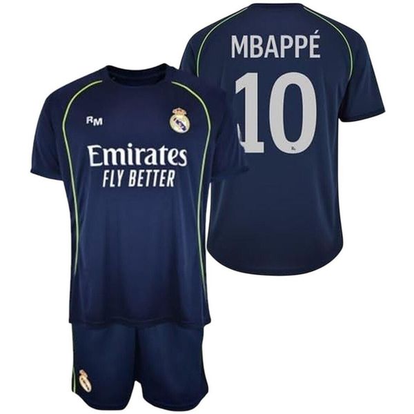 Real Madryt komplet koszulka spodenki junior Mbappe box granatowy. Niebieskie bluzki REAL MADRID, bez wzorów, sportowe, bez kołnierzyka, bez ramiączek. Za 254.99 zł.