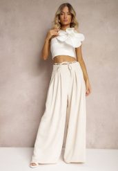 Jasnobeżowe Szerokie Spodnie High Waist Zapinane na Suwak z Wiązaniem w Talii Vikonnia. Brązowe spodnie materiałowe Renee, na co dzień, l, bez wzorów, z jeansu, z podwyższonym stanem. Za 59.99 zł.