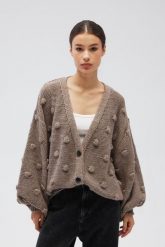 Kardigan zapinany na guziki w kolorze LIGHT BROWN - BUBLE-UNI. Brązowe kardigany Marsala, uniwersalny, bez wzorów, z jeansu. Za 349.90 zł.