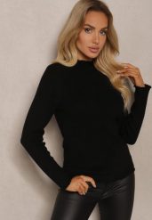 Czarny Sweter z Wełną przy Dekolcie Ozdobiony Falbanką Seatoria. Czarne swetry Renee, z aplikacjami, z jeansu, bez ramiączek. Za 79.99 zł.