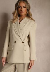 Jasnobeżowa Pudełkowa Marynarka Oversize o Dwurzędowym Fasonie z Dodatkowym Guzikiem Pasmira. Brązowe marynarki i żakiety Renee, m, z aplikacjami, z jeansu, eleganckie. Za 219.99 zł.