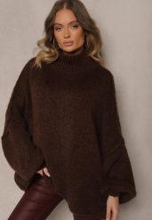 Brązowy Golf Oversize z Wełną z Opadającą Linią Ramion Lilirea. Brązowe golfy Renee, bez wzorów, z jeansu, bez ramiączek. Za 99.99 zł.