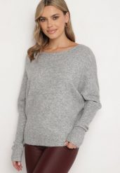 Szary Sweter z Lnem i Dekoltem w Łódkę o Kroju Oversize Sassirra. Szare swetry Born2be, l, bez wzorów, z jeansu, bez ramiączek. Za 129.99 zł.