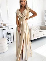 Sukienka Model Crystal 411-7 Gold - Numoco. Żółte sukienki Numoco, l, bez wzorów, z elastanu, wizytowe, bez kołnierzyka, plus size, bez ramiączek, maxi, kopertowe. Za 768.42 zł.