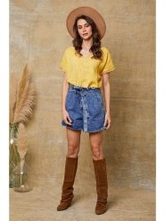 Joséfine Lniana koszulka "Quinto" w kolorze żółtym rozmiar: S. Żółte bluzki Joséfine, s, bez wzorów, ze lnu, bez kołnierzyka, bez ramiączek. Za 108.99 zł.