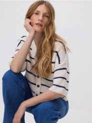 Kardigan w paski - kremowy. Białe kardigany Reserved, l, bez wzorów, z bawełny. Za 139.99 zł.