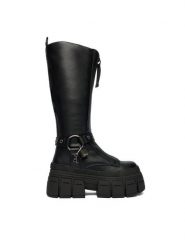 Buffalo Kozaki Gospher Biker Hi 1270131 Czarny. Czarne kozaki Buffalo, ze skóry, bez obcasa, na koturnie, bez zapięcia. Za 699.99 zł.