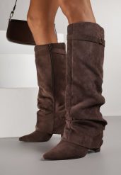 Brązowe Marszczone Kozaki na Słupkowym Obcasie z Wywiniętą Cholewką Runella. Brązowe kozaki Renee, z jeansu, bez obcasa, na obcasie, bez zapięcia. Za 179.99 zł.