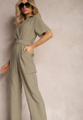 Ciemnozielony Długi Kombinezon w Stylu Utility z Kieszeniami Cargo Paskiem i Kołnierzykiem Qillilena. Zielone sukienki Renee, na co dzień, l, bez wzorów, eleganckie, bez kołnierzyka, bez ramiączek, maxi. Za 209.99 zł.