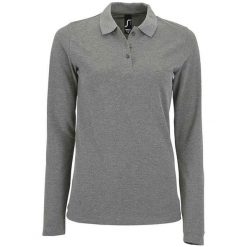 Damska Koszulka Polo Z Długim Rękawem Perfect Melange Pique. Szare bluzki SOL'S, s, bez wzorów, sportowe, bez kołnierzyka, bez ramiączek. Za 83.99 zł.