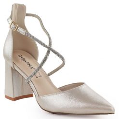 Sandały damskie na słupku z cyrkoniami złote Sabatina 750-1. Żółte sandały Sabatina, bez wzorów, z materiału, bez obcasa, na słupku, bez zapięcia. Za 169.99 zł.