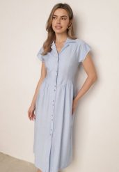 Jasnoniebieska Koszulowa Sukienka z Wiskozą o Rozkloszowanym Kroju z Wiązaniem Pellesea. Niebieskie sukienki Born2be, na co dzień, na lato, l, bez wzorów, ze lnu, eleganckie, bez kołnierzyka, bez ramiączek, maxi, koszulowe. Za 169.99 zł.