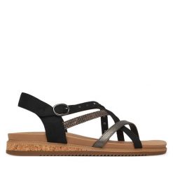 Sandały Skechers. Czarne sandały Skechers, bez wzorów, bez obcasa, na płaskiej podeszwie, bez zapięcia. Za 229.99 zł.