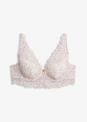 Biustonosz z usztywnianymi miseczkami z koronką we wzór w kwiaty. Białe biustonosze bonprix, bez wzorów, z koronki. Za 37.99 zł.