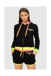 MOSCHINO Czarna bluza damska z kapturem i neonowym logo, Rozmiar L. Czarne bluzy sportowe MOSCHINO, l, bez wzorów, z bawełny, z kapturem. W wyprzedaży za 509.99 zł.