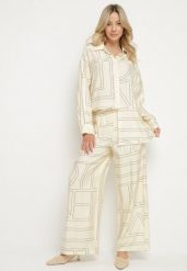 Beżowy Wiskozowy Komplet w Geometryczny Wzór Spodnie i Koszula Hanarieth. Brązowe koszule Born2be, l, bez wzorów, z wiskozy, eleganckie, bez kołnierzyka, bez ramiączek. Za 139.99 zł.