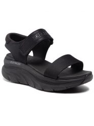 Skechers Sandały New Block 119226/BBK Czarny. Czarne sandały Skechers, bez wzorów, z materiału, bez obcasa, na koturnie, bez zapięcia. Za 199.99 zł.